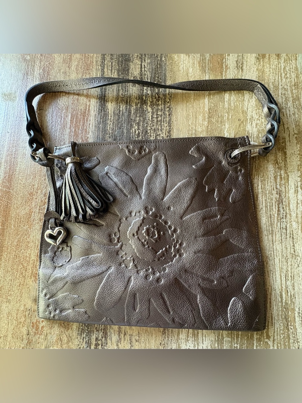 Brighton Ferrara Embossed Leather Medallion Shoulder Bag in Gun Metal